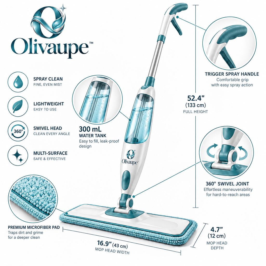 Olivaupe™ MistGlide Spray Mop – Refillable Floor Cleaning Mop with Fine-Mist Sprayer & Reusable Microfiber Pad