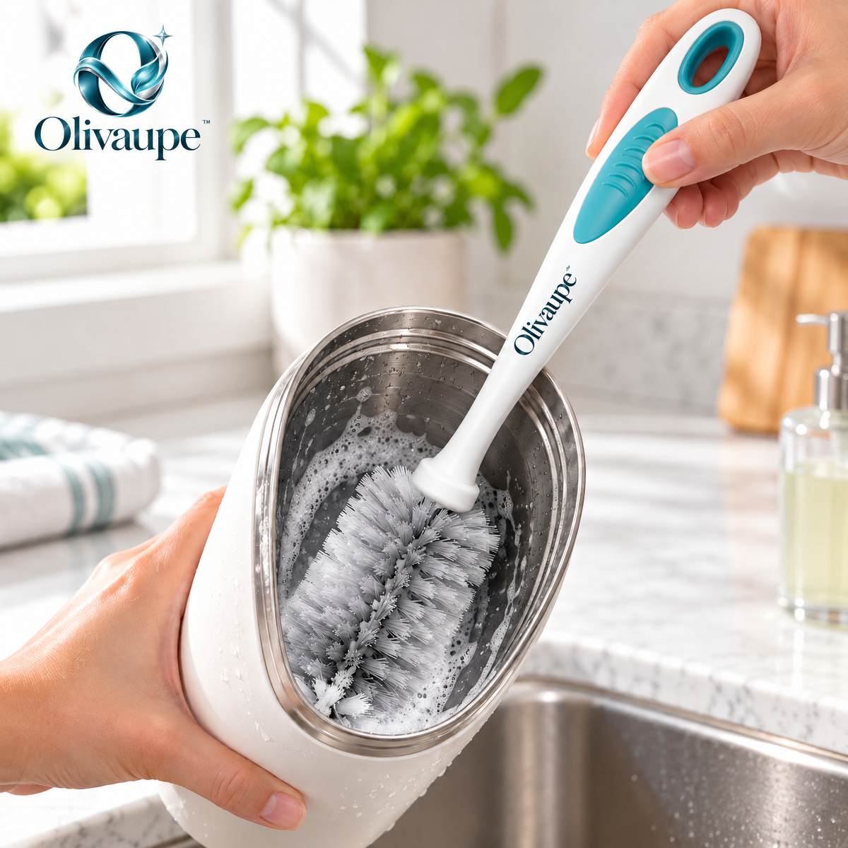 Olivaupe™ ClearCup Cleaning Brush – Long-Reach Bottle & Glass Scrubber for Tumblers, Mugs, Bottles & Narrow Drinkware