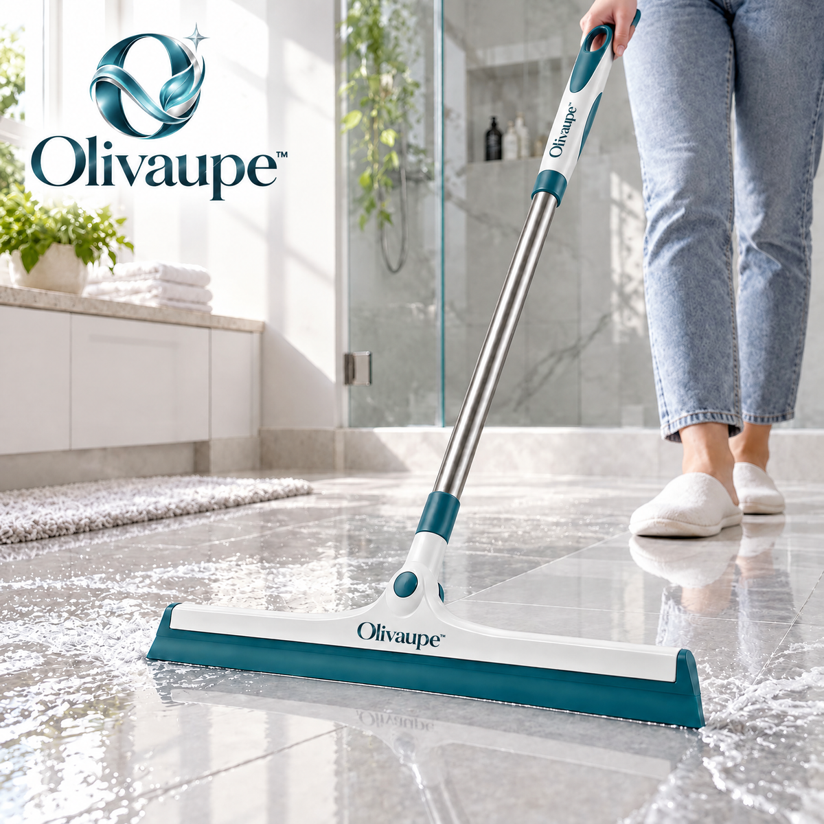 Olivaupe™ PushDry Floor Squeegee – Wide-Blade Water Sweeper for Bathrooms, Garages, Patios & Hard Floors