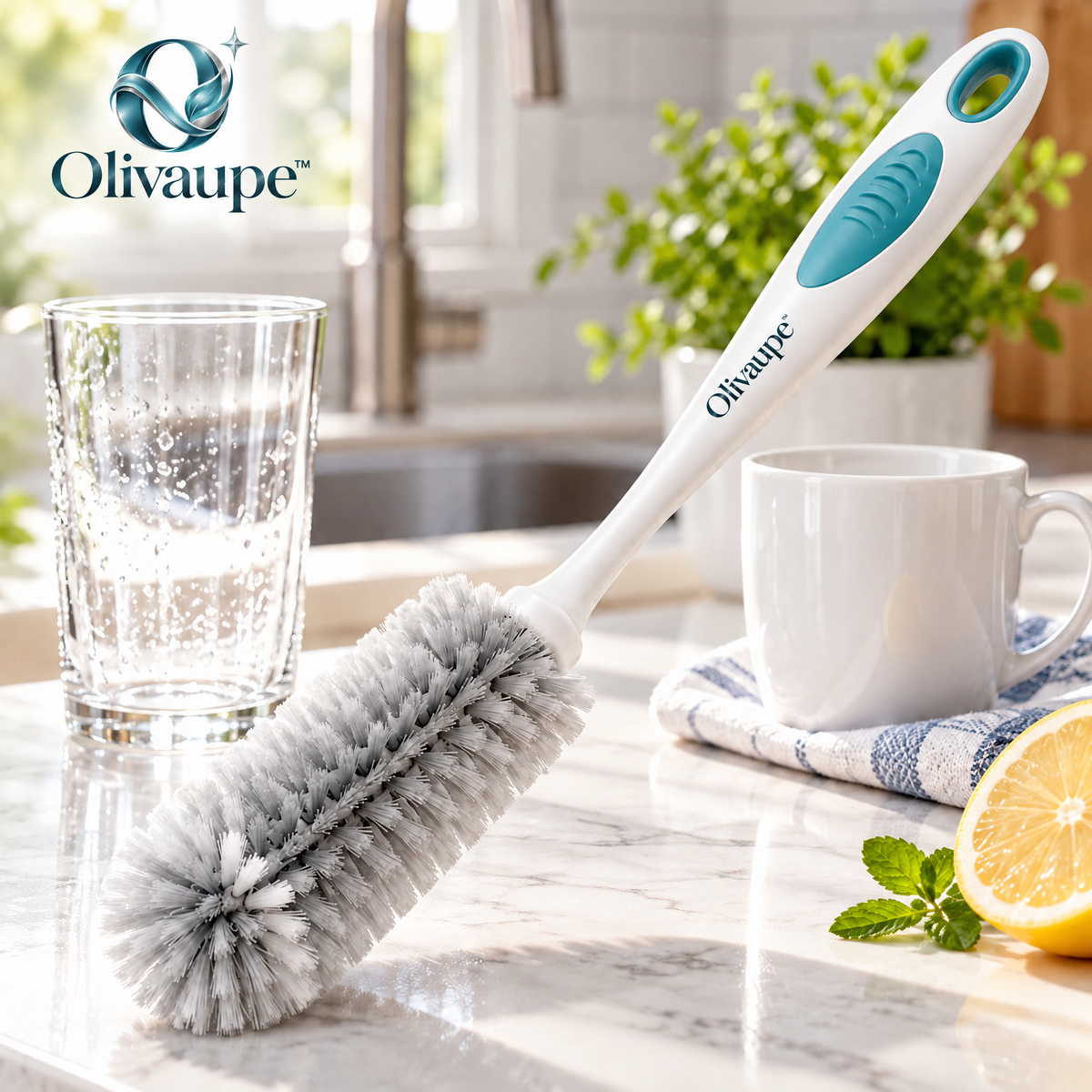 Olivaupe™ ClearCup Cleaning Brush – Long-Reach Bottle & Glass Scrubber for Tumblers, Mugs, Bottles & Narrow Drinkware