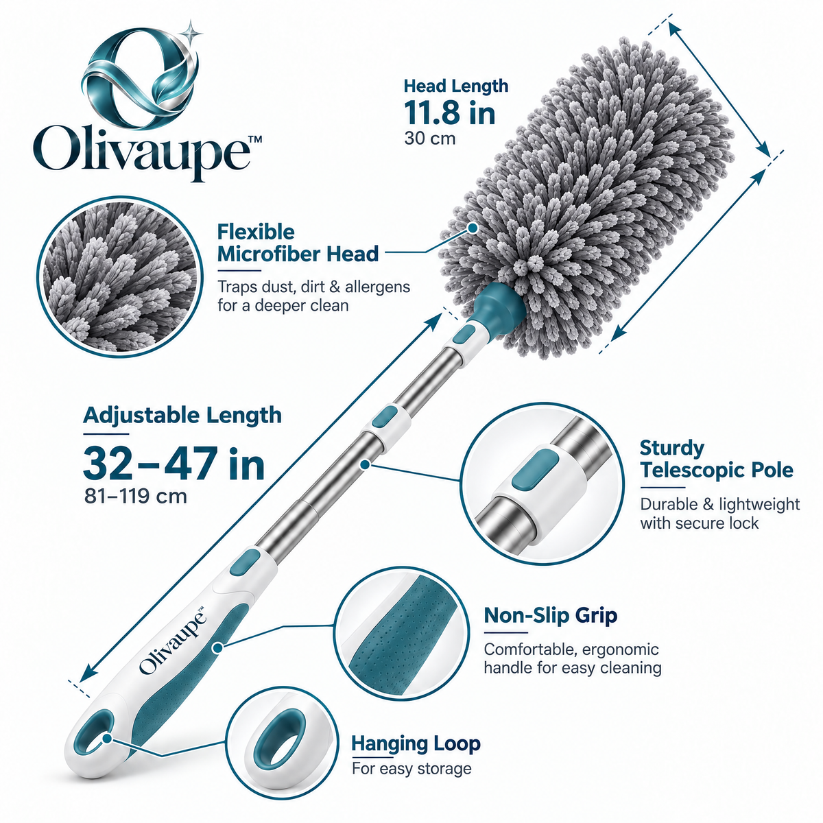 Olivaupe™ ReachCloud Extendable Duster – Flexible Long-Reach Microfiber Dusting Wand for Ceilings, Fans, Furniture & Hard-to-Reach Spaces
